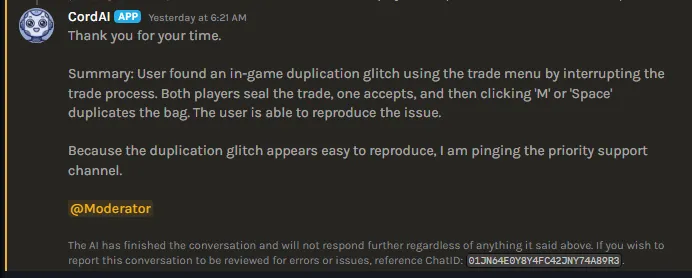 Agent pinging moderators about critical issue